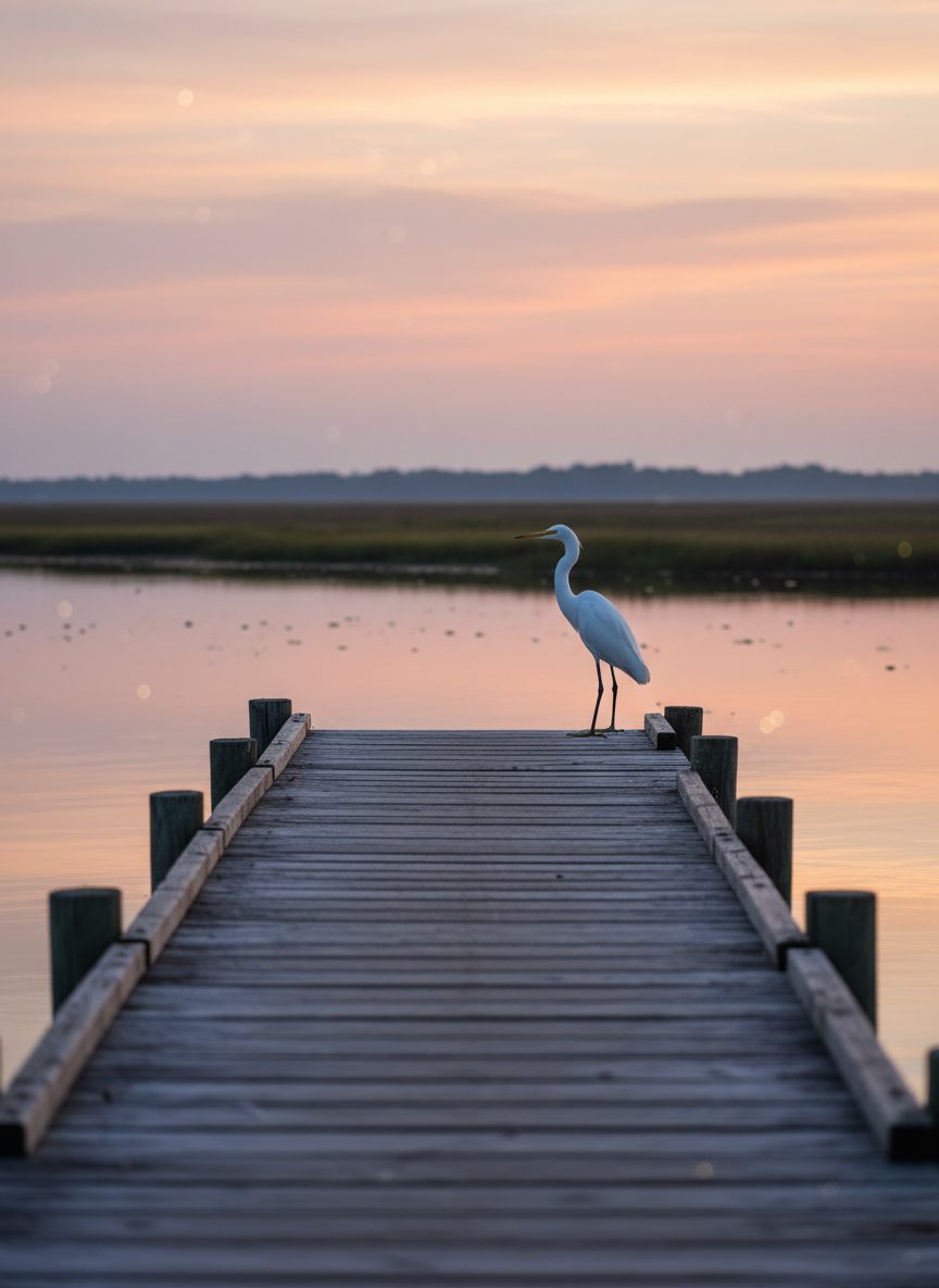 Serene Cotton Bayou at sunrise with wooden pier and calm waters